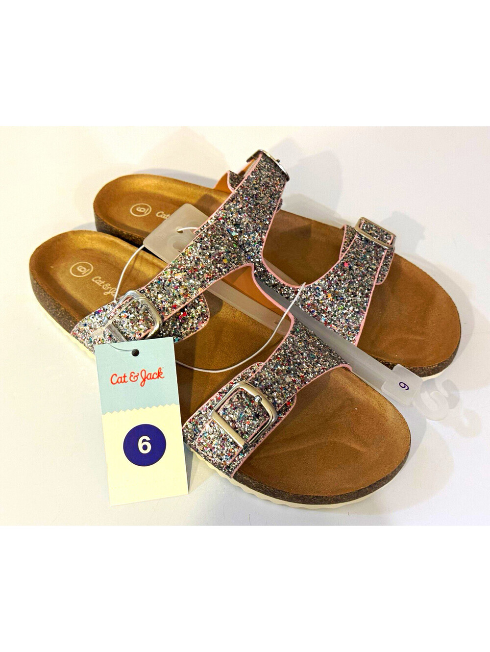 Cat & Jack Drew Girls Silver Glitter Double Buckle Sandals Big Kid Size 6 NWT